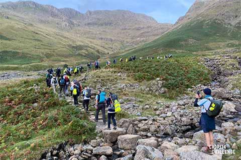 A line of trekkers walking through the Lake District mountains.